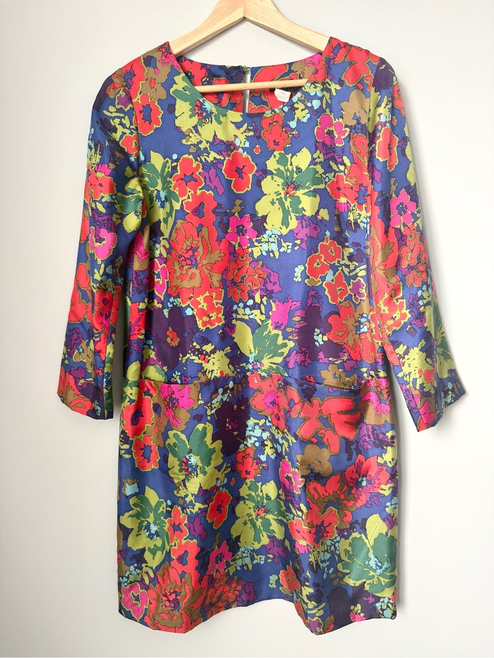 J. Crew Vibrant Floral 100% Silk Shift Dress Multicolor with Pockets 3/4 Sleeve